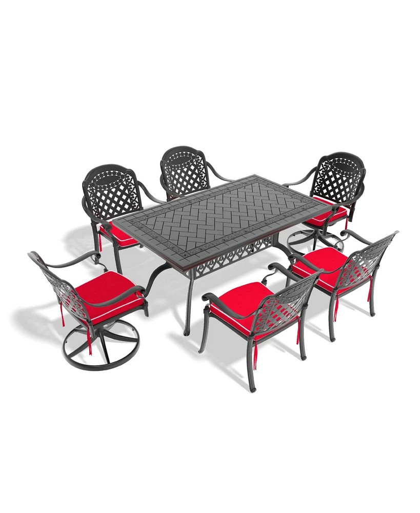 7-Piece Cast Aluminum Dining Set, 2 Swivel, 4 Chairs, Rectangular Table, Black Frame