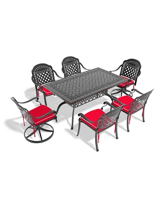 7-Piece Cast Aluminum Dining Set, 2 Swivel, 4 Chairs, Rectangular Table, Black Frame