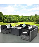 Gymax 9 Pcs Patio Rattan Furniture Set Fire Pit Table Storage Grey W/ Cover