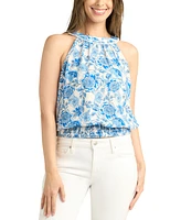 Bcx Juniors' Floral-Print Smocked-Hem Halter Top