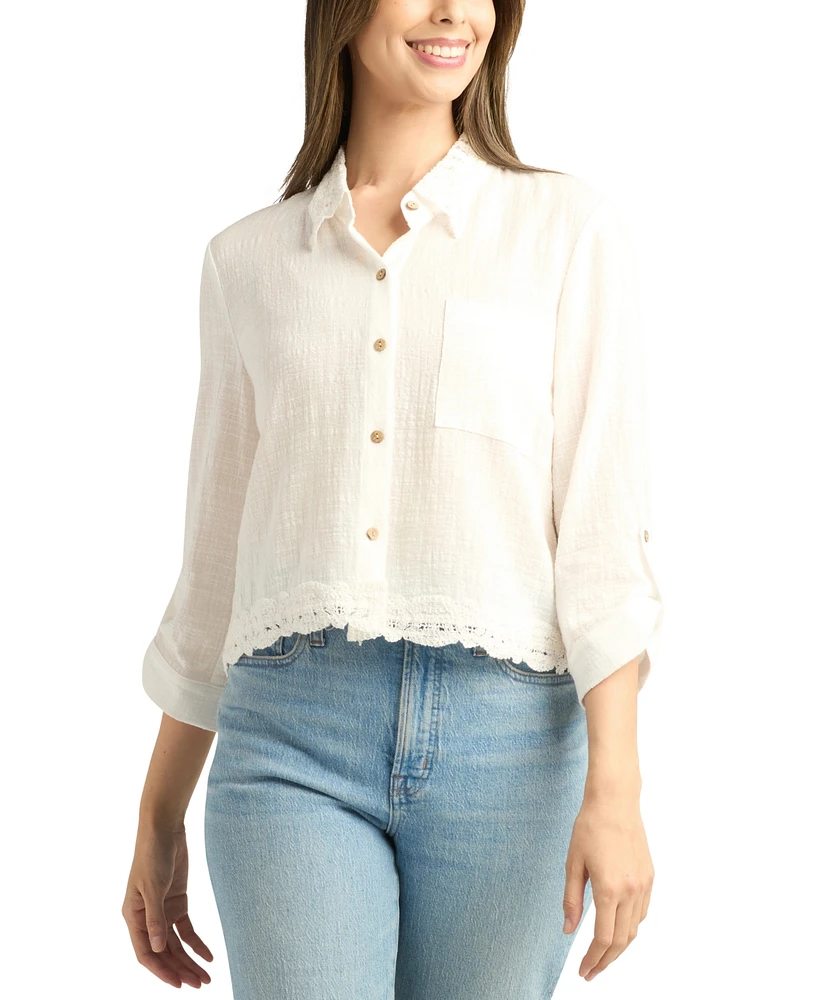 Bcx Juniors' Lace-Trim Button-Front 3/4-Sleeve Top