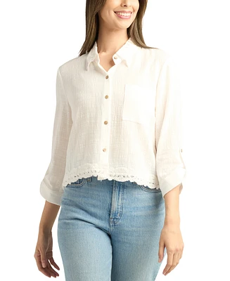 Bcx Juniors' Lace-Trim Button-Front 3/4-Sleeve Top