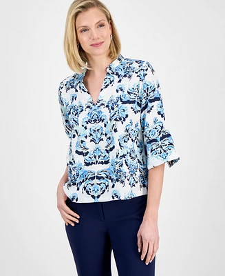 Jm Collection Women's Printed Jacquard 3/4-Sleeve Top, Exclusively at Macy's