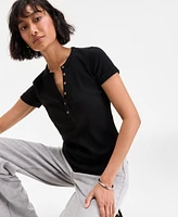 On 34th Women's Roll Cuff Rib-Knit Henley T-Shirt, Exclusively at Macy's