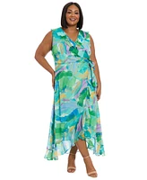 London Times Plus Printed Ruffled Wrap Dress