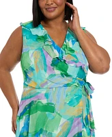 London Times Plus Printed Ruffled Wrap Dress