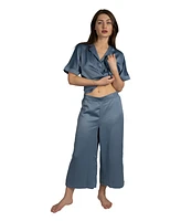 Tahari Women's 2 Piece Satin Short Sleeve Relaxed Notch Collar Top and Capri Pants Pajama Set