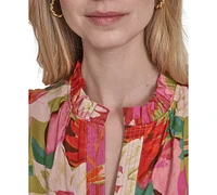 Vince Camuto Petite Cotton Floral-Print Puffed-Sleeve Dress