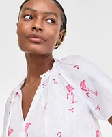 Charter Club Women's Linen Woven Flamingo Split-Neck Peasant Top, Exclusively at Macy's