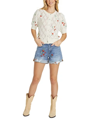 Driftwood Women's Strawberry Embroidered Puff-Sleeve Cardigan