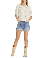 Driftwood Women's Strawberry Embroidered Puff-Sleeve Cardigan