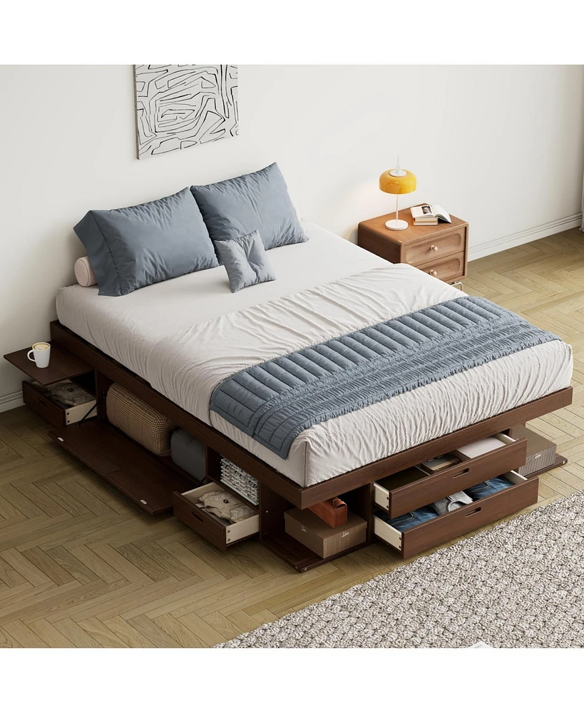 Storage Platform Bed Frame with Multiple Drawers and Shelves No Box Spring Needed,Queen Size,Walnut
