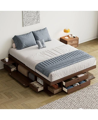 Storage Platform Bed Frame with Multiple Drawers and Shelves No Box Spring Needed,Queen Size,Walnut