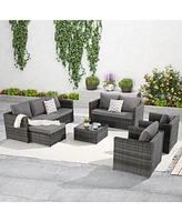 6-Piece Outdoor Wicker Patio Conversation Set w/ Cushions & Glass Table