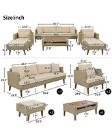 6-Pc Wicker Sofa Set, Outdoor rattan, double cushions, wood legs & table, brown