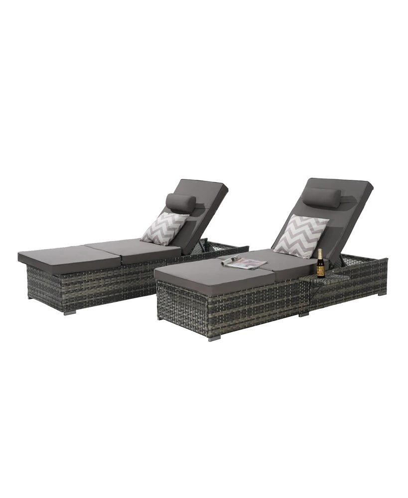 Outdoor chaise lounge set (2) with storage, adjustable backrests, table