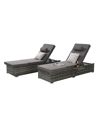 Outdoor chaise lounge set (2) with storage, adjustable backrests, table