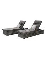 Outdoor chaise lounge set (2) with storage, adjustable backrests, table