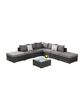8-Piece Outdoor Wicker Patio Sofa Set w/ Washable Cushions & Glass Table
