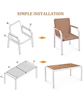 7pc Patio Dining Set, Wicker chairs, acacia tabletop, brown rattan
