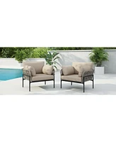 Set of 2 Beige Iron Lounge Chairs w/ Cushions, Indoor/Outdoor