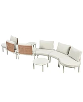 8-Pc Half Moon Patio Sofa Set, Wicker, Glass Tables, Cushions & Pillows, Beige