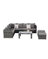 6pc Outdoor Patio Set, Wicker Sofa, Glass Table, Cushions & Pillows
