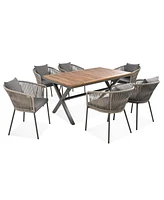 7pc Patio Dining Set, Acacia tabletop, metal frame, all-weather, for garden/balcony