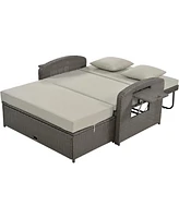 Pe Wicker Double Chaise Lounge, Reclining, Cushions, Cover, Gray