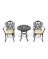 Cast aluminum patio set, black frame, random cushions
