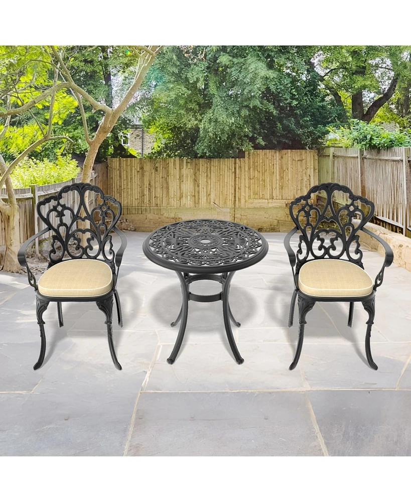 Cast aluminum patio set, black frame, random cushions
