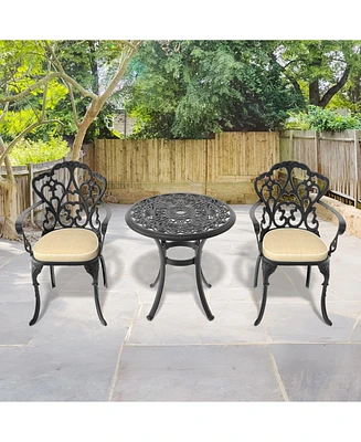 Cast aluminum patio set, black frame, random cushions