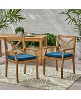 Blue Cushion Patio Chairs - Wood Arm Dining Set (Set of 2)