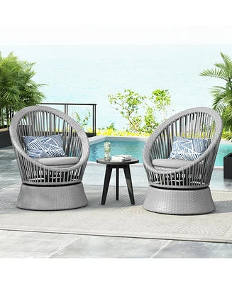 [Set of 2] 26,7" Modern Silver Grey Swivel Wicker Lounge Chair