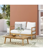 Acacia Loveseat & Table Set, Light Teak/White Cushions