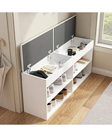 Wooden and white shoe cabinet with 2 seats, versatile and beautiful rack with six cabinets