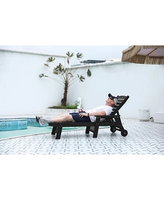 Outdoor lounge chair, wood texture, 5 positions, wheels, cup holder, black