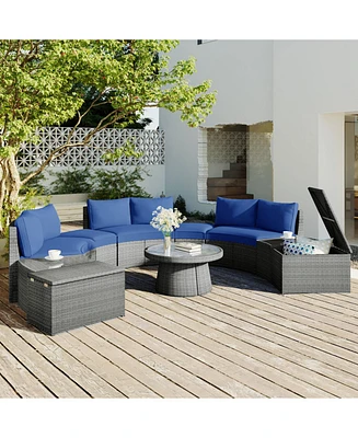 10-Pc Half-Round Rattan Patio Sofa Set, Free Combo, Blue