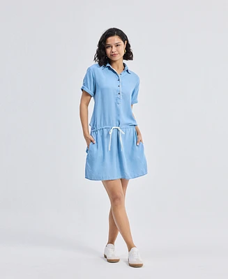 Reistor Women's Drawstring Denim Shirt Dress with Front Buttons Blue