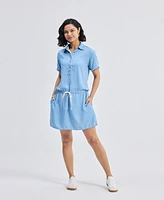 Reistor Women's Drawstring Denim Shirt Dress with Front Buttons Blue