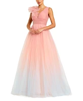 Mac Duggal Women's Ruffle Shoulder V Neck Ombre Tulle Ballgown
