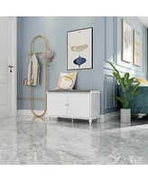 Wooden and white shoe cabinet, 2 seats, versatile and aesthetically pleasing shelves with four cabinets