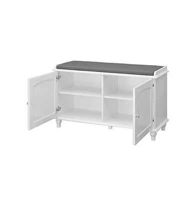 Wooden and white shoe cabinet, 2 seats, versatile and aesthetically pleasing shelves with four cabinets