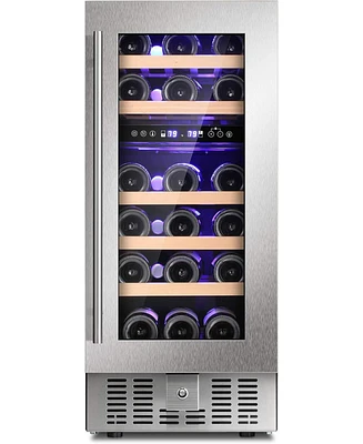Cowsar 15" Wine Cooler Under Counter Beverage Refrigerator Beer Mini Fridge 28 Bottles Dual Zone Built-in Freestanding Stainless Steel Double-Layer Te