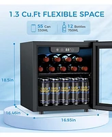 Cowsar 1.3 cu.ft 12 Bottle 48 Can Wine Cooler/Mini Fridge/Beverage Refrigerator Countertop Clear Glass Door for Beer&Soda