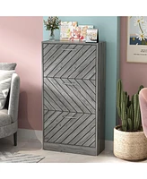 Wooden three-door yellow shoe cabinet, shutter door drawers, multi-purpose rack with adjustable shelves