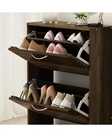 Wooden 3-door yellow shoe cabinet, shutter door drawers, multi-purpose rack with adjustable shelves