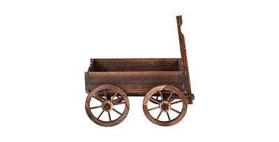Outdoor Garden Fir Wood Barrel Planter Wagon on Wooden Wheels