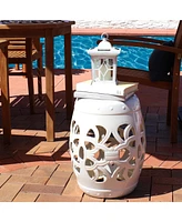 Knotted Quatrefoil Ceramic Garden Stool Side Table - Indoor or Outdoor - 18-Inch H - White Glazed Finish
