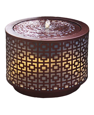 Metal Cylinder Bubbler Outdoor Water Fountain - 14.25-Inch - Features Led Lights and Repeating Squares Pattern